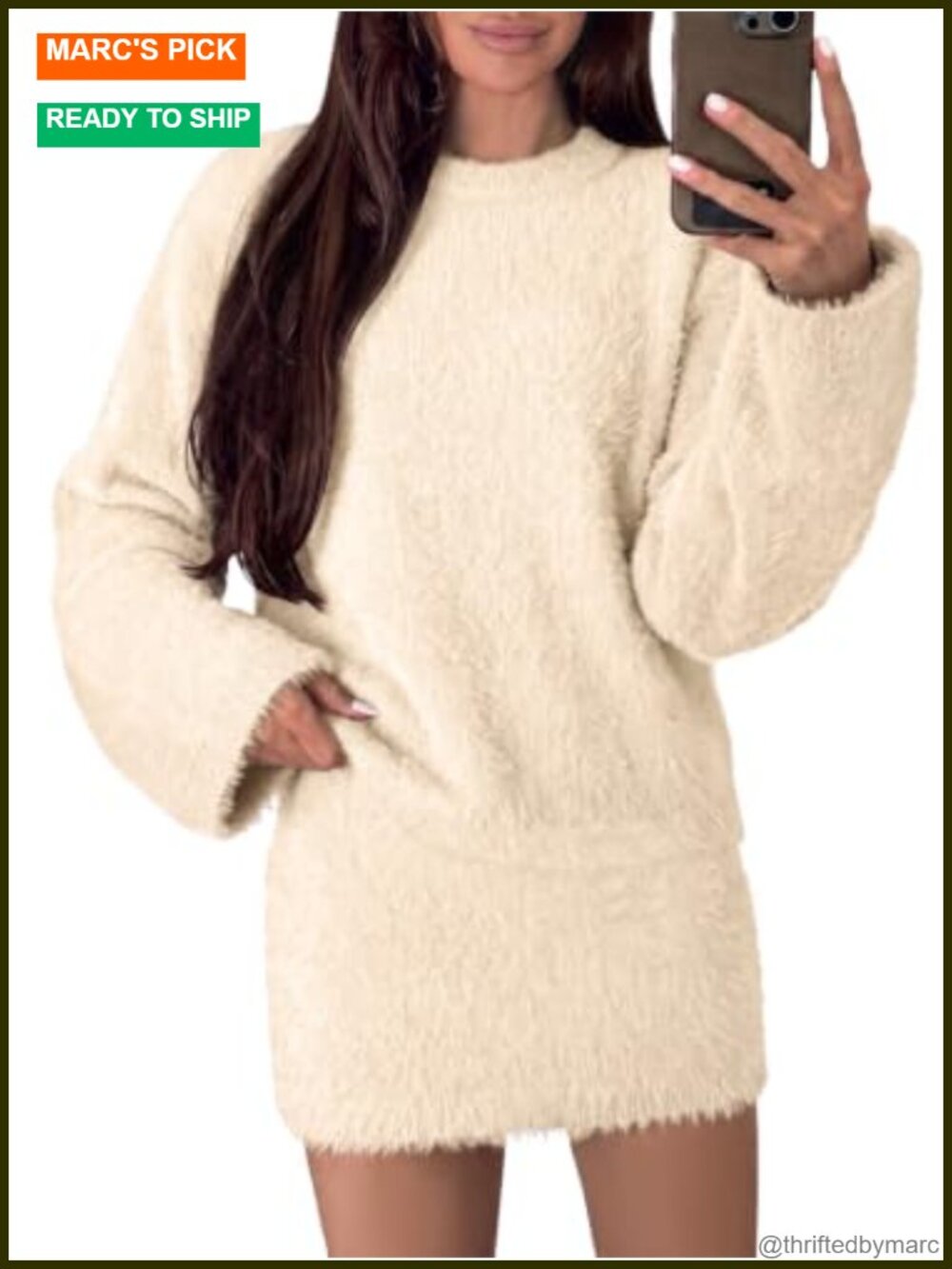 Fuzzy 2 Piece Skirt Set Long Sleeve Pullover High Waist Mini Skirt